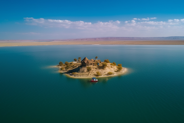 砂漠の湖に浮かぶ島とその上に立つ家